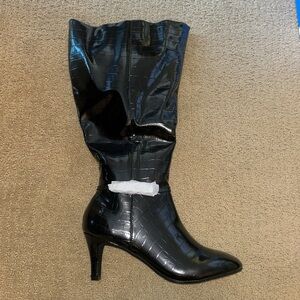 7.5  wider calf -black faux leather boots featuring a sleek crocodile pattern.